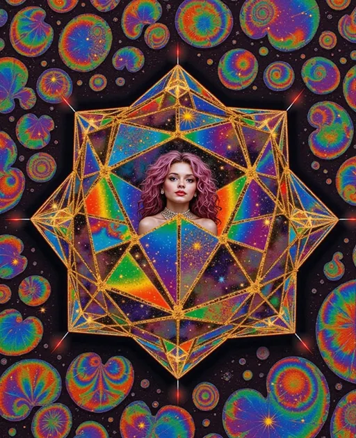 Prompt: A hyperdimensional light-being centered around a radiant rhombic dodecahedron, its crystalline facets alive with refracted rainbow light, floating in an astral void. Each face of the polyhedron channels iridescent filaments into expanding Penrose tilings, recursive golden spirals, and kaleidoscopic fractal rings. The geometry breathes with cosmic intelligence, a divine mechanism of sacred ratios and multidimensional flow. Within and around this structure, a faint feminine echo—slim, long wild pink curls—dissolves into light, barely perceptible, like a myth embedded in sacred code. The being’s presence is more vibration than form, integrated seamlessly into a mesh of rainbow circuits and holographic sacred motifs. Rendered in the surreal, textured style of La Planète Sauvage, with matte cel-shading, inked outlines, and organic dream-logic. The background features floating glyph-machines, metaphysical bioforms, and celestial glyphs orbiting in symbolic silence. Oil-slick iridescence ripples across all surfaces, accentuated with analog film grain. A visionary fusion of sacred geometry and surreal astral symbolism, where humanity exists only as a residual harmonic inside divine architecture.
— style: Cosmic Surrealism + La Planète Sauvage
— sacred geometry: Primary motif
— human reflection: Minimal archetypal trace
— oil-slick iridescence: Active
— analog grain: On
— chaotic surreal forms: Mild background presence