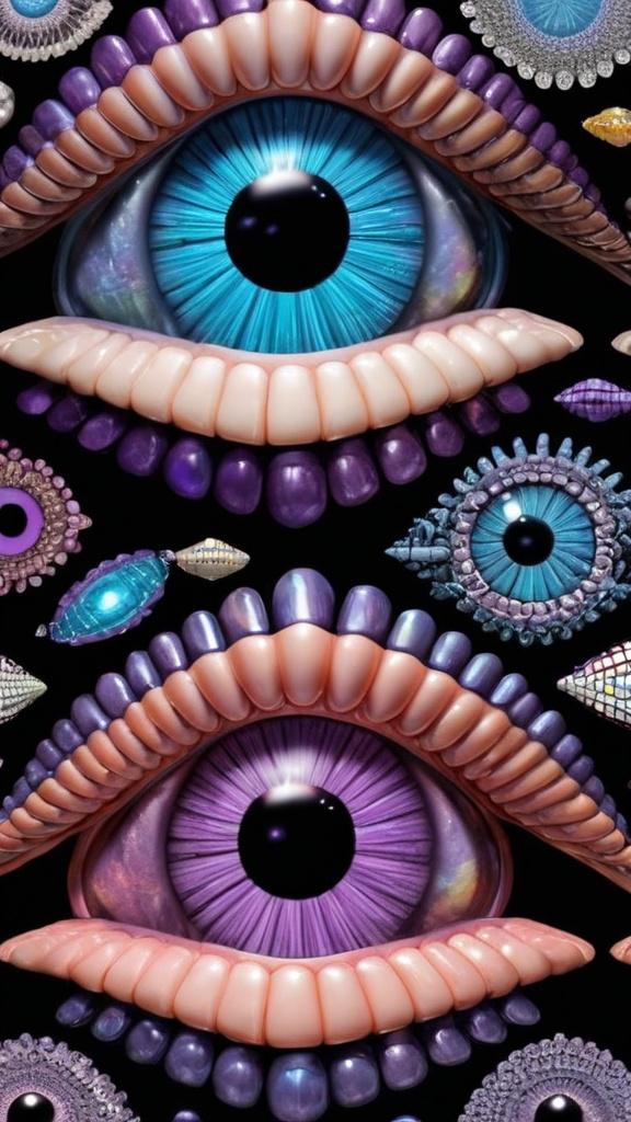 Prompt: Create an extremely hyper-realistic, ultra super textural, weird, trippy, surreal, psychedelic eyes/teeth/mouth pattern/design based on Mandelbrot & “Op Art tiling” with lots of human eyes (crazy colorful compound psychedelic), rows of human teeth, human lips, and tongues. 

- **Colors**: determined by the properties and expressions of the elements (& their isotopes), minerals, and metals: opal, moonstone, amethyst, rose quartz, Platinum (Pt)

**Shapes and forms**
- Mandelbrot 
- "Op Art tiling" 
-other shapes determined by the natural properties and expressions of the elements (& their isotopes), minerals, metals, and biological organisms: opal, moonstone, amethyst, rose quartz,  Platinum (Pt)


- **Textures**: Derived from any/all elements (& their isotopes), minerals, metals, crystals, organic things mentioned in this prompt: opal, moonstone, amethyst, rose quartz, Platinum (Pt)

**Composition and Layout**:
- a pattern/design based on the Op Art tiling & Mandelbrot 

**Lighting**:
- lots of bright light
- Phosphorescence

**Detail and Atmosphere**:
- Extreme hyperrealistic sharp high detail high definition organic and mineral textures
- Psychedelic, weird, odd, surreal atmosphere
- Frozen in time

**Additional Elements**:
- extra rows of teeth, lips, many eyes, Op Art tiling, Mandelbrot 
