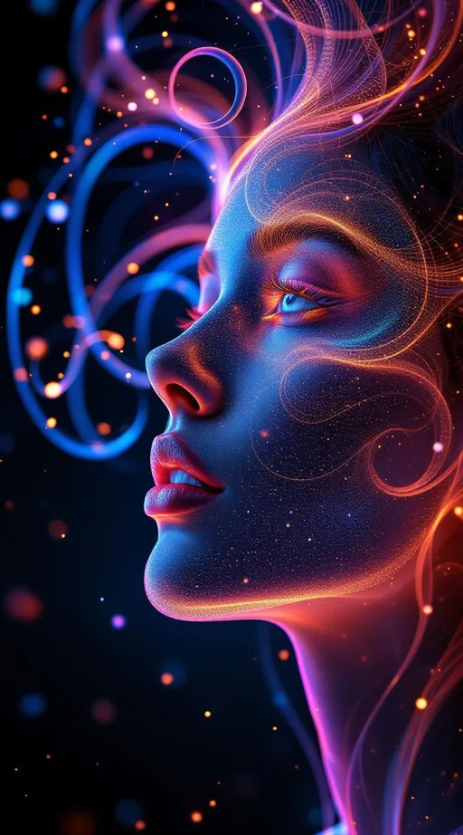 Prompt: Her face isn’t a face—it’s a strange attractor carved in light, traced by the flow of dynamical systems. No skin—just the path of possibility, rendered as recursive glow. #escape gradients swirl across Lorenz-field cheekplanes, each curve a solution orbit folding toward stability. #orbit spirals loop along her jaw—trajectories bent through nonlinear feedback, glowing with chaotic elegance. Lips = phase-locked curves—#iridescence born from bifurcation points, shifting softly with parameter change. Her eyes are not static—they are basin maps: nested trajectories through multistable regimes, each iris a basin of visual pull. Her entire visage pulses in #distance flowfields—vectorized shimmer shells drifting toward her internal core geometry. Hair = filament flows: Duffing curls, double pendulum braids, logistic wavebands spiraling in dimensional arcs. Each strand trails #bokeh from iteration steps—motion frozen into fractal geometry. Her crown is a Poincaré section: strobe-mapped light across return maps, illuminating cycles in phase-light rhythm. Her smile = an attractor fold in state space; her laugh = a loop through multidimensional recursion. She doesn’t exist in place—she exists in motion. Her glowform pulses in #escape-band attractor logic: chartreuse convergence, indigo chaos, ember bifurcation—each color a direction in state evolution. She is not a form, she is flow—a goddess of dynamical grace, infinite recursion, and glowing phase symmetry.
