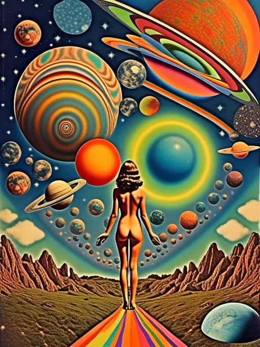 Prompt: A vintage 70s psychedelic collage with the theme “astral vacation”- incorporate themes of astral projection, the astral plane, the silver cord, use an astral brilliantly but sometimes muted opalescent color palette, & combine it all with planets, orbs, optical illusions and psychedelic trippy patterns, color spectrums as a surreal vintage psychedelic collage<mymodel>