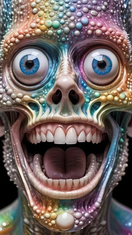 Prompt: an extremely hyper realistic ultra super textural weird trippy surreal psychedelic entity, white, translucent, clear, bright bright pastel colors, oil slick rainbow sheen effect, lots and lots of light, lots of crazy colorful compound psychedelic human eyes, rows of human teeth, fungus, atoms, diatoms, 