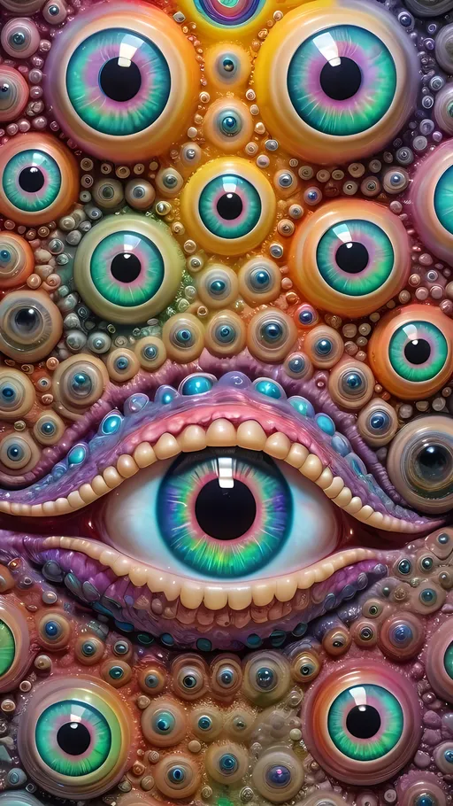 Prompt: an extremely hyper realistic ultra super textural weird trippy surreal psychedelic entity, Diophantus spiral, white, translucent, clear, bright bright pastel colors, oil slick rainbow sheen effect, lots and lots of light, lots of crazy colorful compound psychedelic human eyes, rows of human teeth, fungus, atoms, diatoms, diophantine spirals