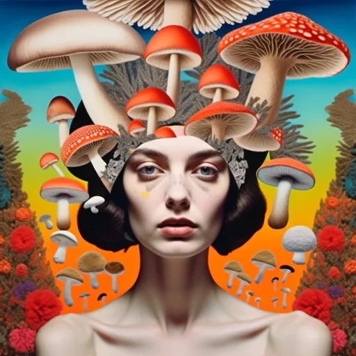 Prompt: <mymodel>Mixed media collage of a beautiful woman, mushroom headpiece, surreal atmosphere, vibrant colors, high quality, mixed media collage, surreal, vibrant colors, detailed facial features, ethereal lighting