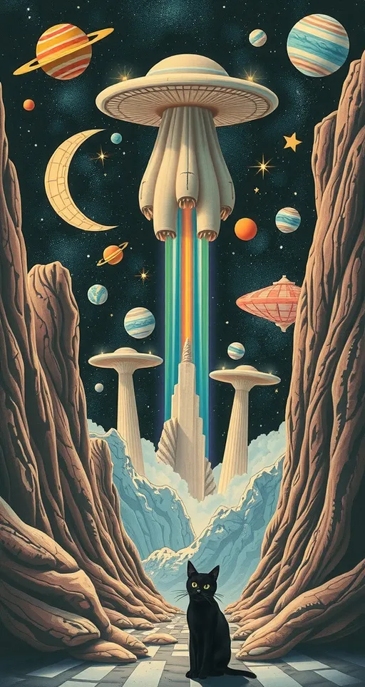 Prompt: <mymodel> Vintage 70s psychedelic surreal sci-fi Collage, analog, cut & paste, outer space, rainbows, spectrum, optical illusions/trippy patterns, surreal alien landscapes, UFOs, « little green men », psilocybin mushrooms, geometric shapes , planets, orbs, black night sky with stars, in the center, cats, 