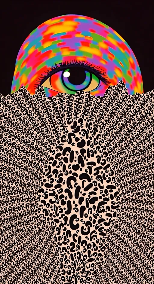 Prompt: Create an extremely hyper-realistic, ultra super textural, weird, trippy, surreal, psychedelic eyes/teeth/mouth pattern/design based on Mandelbrot & “Op Art tiling” with lots of human eyes (crazy colorful compound psychedelic), rows of human teeth, human lips, and tongues. 

- **Colors**: determined by the properties and expressions of the elements (& their isotopes), minerals, and metals: opal, moonstone, Kunzite, selenite, rose quartz, Platinum (Pt)

**Shapes and forms**
- Mandelbrot 
- "Op Art tiling" 
-other shapes determined by the natural properties and expressions of the elements (& their isotopes), minerals, metals, and biological organisms: opal, moonstone, Kunzite, selenite, rose quartz,  Platinum (Pt)


- **Textures**: Derived from any/all elements (& their isotopes), minerals, metals, crystals, organic things mentioned in this prompt: opal, moonstone, Kunzite, selenite, rose quartz, Platinum (Pt)

**Composition and Layout**:
- a pattern/design based on the Op Art tiling & Mandelbrot 

**Lighting**:
- lots of bright light
- Iridescence
- Aventurescence
- Chatoyancy
- Asterism

**Detail and Atmosphere**:
- Extreme hyperrealistic sharp high detail high definition organic and mineral textures
- Psychedelic, weird, odd, surreal atmosphere
- Frozen in time

**Additional Elements**:
- extra rows of teeth, lips, many eyes, Op Art tiling, Mandelbrot, Iridescence