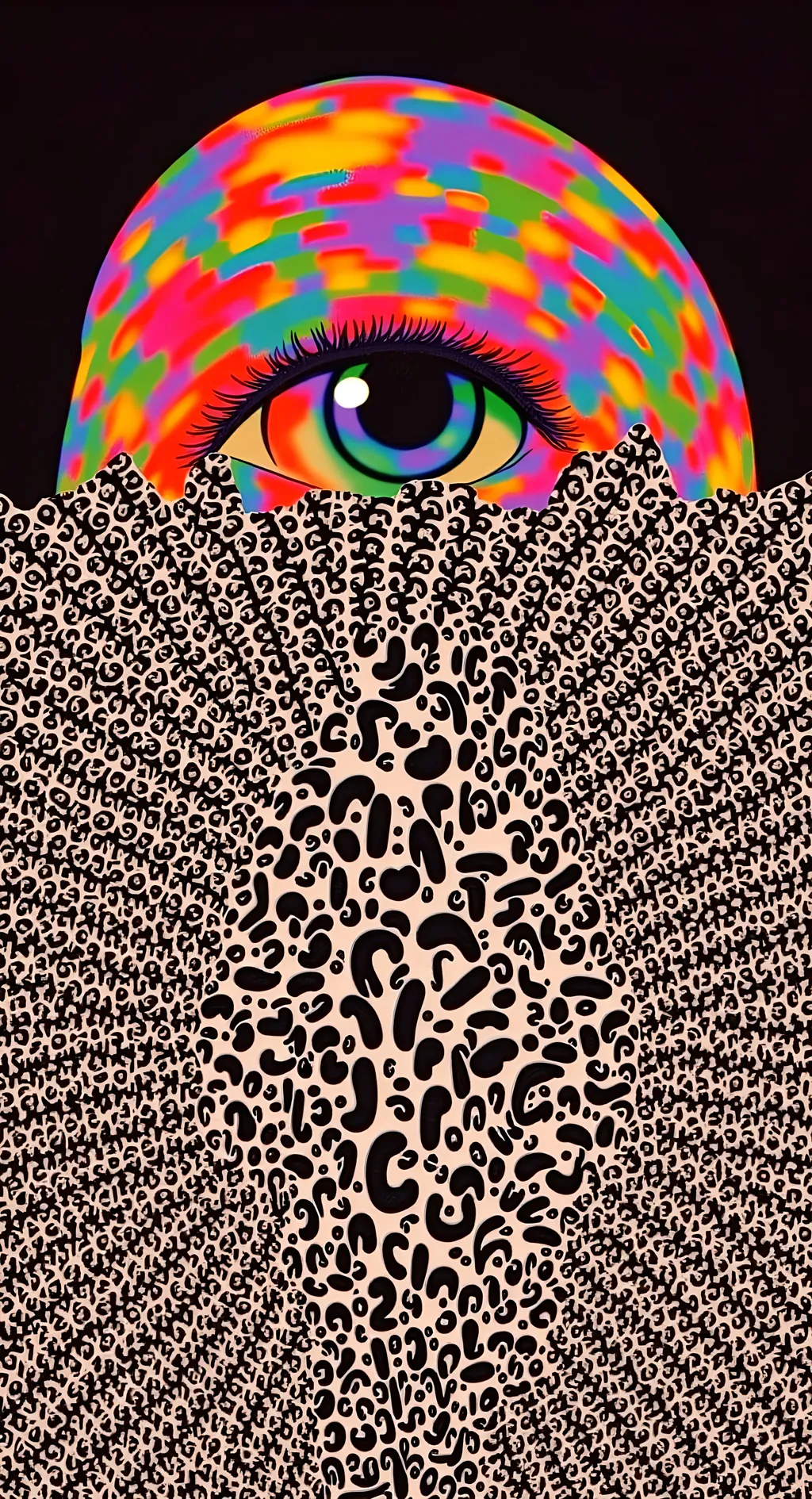 Prompt: Create an extremely hyper-realistic, ultra super textural, weird, trippy, surreal, psychedelic eyes/teeth/mouth pattern/design based on Mandelbrot & “Op Art tiling” with lots of human eyes (crazy colorful compound psychedelic), rows of human teeth, human lips, and tongues. 

- **Colors**: determined by the properties and expressions of the elements (& their isotopes), minerals, and metals: opal, moonstone, Kunzite, selenite, rose quartz, Platinum (Pt)

**Shapes and forms**
- Mandelbrot 
- "Op Art tiling" 
-other shapes determined by the natural properties and expressions of the elements (& their isotopes), minerals, metals, and biological organisms: opal, moonstone, Kunzite, selenite, rose quartz,  Platinum (Pt)


- **Textures**: Derived from any/all elements (& their isotopes), minerals, metals, crystals, organic things mentioned in this prompt: opal, moonstone, Kunzite, selenite, rose quartz, Platinum (Pt)

**Composition and Layout**:
- a pattern/design based on the Op Art tiling & Mandelbrot 

**Lighting**:
- lots of bright light
- Iridescence
- Aventurescence
- Chatoyancy
- Asterism

**Detail and Atmosphere**:
- Extreme hyperrealistic sharp high detail high definition organic and mineral textures
- Psychedelic, weird, odd, surreal atmosphere
- Frozen in time

**Additional Elements**:
- extra rows of teeth, lips, many eyes, Op Art tiling, Mandelbrot, Iridescence