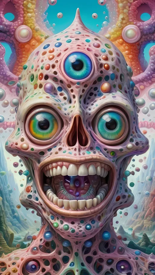 Prompt: an extremely hyper realistic ultra super textural weird trippy surreal psychedelic entity, gyroid structures, Pascal's Triangle, white, translucent, clear, bright bright pastel colors, oil slick rainbow sheen effect, lots and lots of light, lots of crazy colorful compound psychedelic human eyes, rows of human teeth, fungus, atoms, diatoms, gyroid structures, Pascal's Triangle