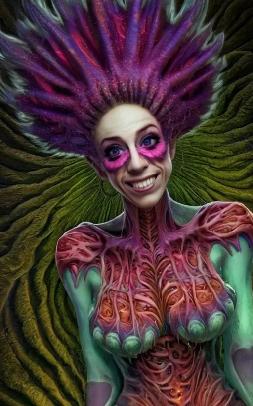 Prompt: Extreme psychedelic hyperrealism- Super high definition ultra textural floral entity psychedelic hallucination surrealism, psychedelic alien flower creature, detailed, highres, intense colors, eerie lighting, bizarre features, unsettling atmosphere, otherworldly, distorted proportions, mind-bending, dreamlike, abstract,, organic textures