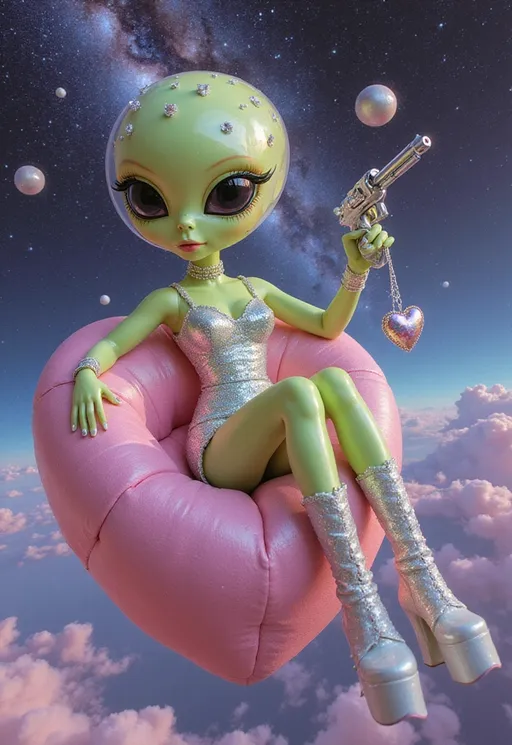 Prompt: A sweetly seductive alien bimbo lounges on a plush floating heart-shaped asteroid drifting through a candy-colored nebula. Her skin is a glowing iridescent neon green and yellow with holographic star freckles, and her smooth conical bald head gleams beneath a translucent visor studded with rhinestone constellations. Her large solid black almond-shaped eyes shine with glassy doll-like intensity, framed by oversized lashes that twinkle with glitter.

She’s dressed in a 60s-style pastel minidress made of shimmering holo-lamé, patterned with tiny chrome hearts and twinkling sparkles that shift as she moves. Her platform boots are translucent jelly filled with floating glitter and miniature ringed planets. She holds a heart-shaped raygun like a purse, dangling it off one finger with playful attitude. Her nails are painted pearlescent lavender, each tipped with a tiny rhinestone.

Behind her, the sky is filled with swirling pastel galaxies, opalescent stars, and soft black-and-white optical illusion clouds. Floating satellites shaped like tiaras and candy hover nearby, dripping with chromatic light. Everything is drenched in soft grainy vintage glamor, like a faded 1970s interstellar Barbie commercial—sweet, ridiculous, and dazzling.

Color palette: cotton candy pink, holographic silver, mint frosting, violet shimmer, and soft sunshine yellow.
Mood: adorable, radiant, PG-13 flirty.
Finish: ultra-glittery, soft-grain analog pastel dream with photoreal sparkle.