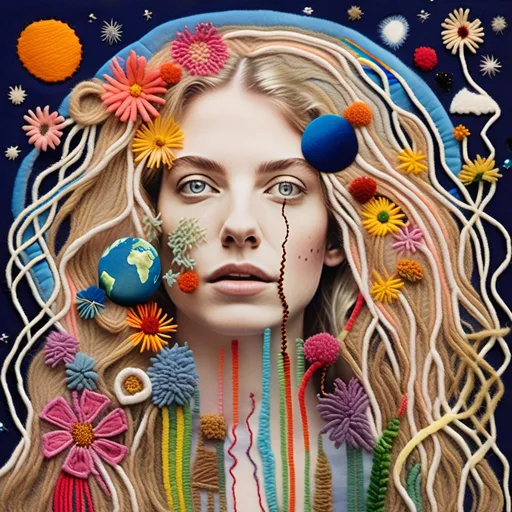 Prompt: <mymodel>Mixed media collage of a beautiful woman with long blond curly hair and blue eyes and her rainbow astral body sewn to each other with real thread, real thread stitching, planets and stars, outer space, wildflowers and fungus, surreal concept, textured, high quality, mixed media, collage, surreal, organic elements, detailed stitching, wildflowers, fungus, textured, vibrant colors, natural lighting