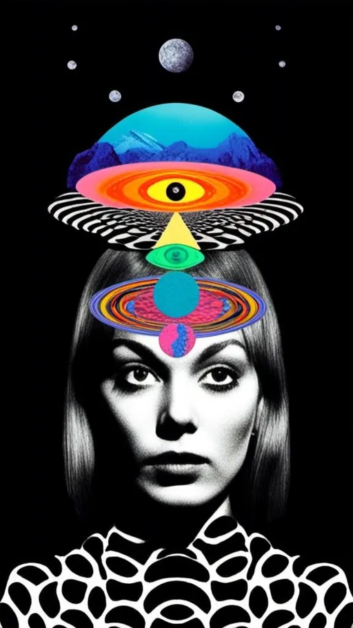 Prompt: <mymodel>Psychedelic collage of a woman, spliced and edited with psychedelic planets, cats, and UFOs, a psychedelic open third eye, pickles, photos of mushrooms of all kinds and colors, trippy optical patterns, incorporating paint, enamel, and found objects, black and white optical illusions, high quality, surreal, vibrant colors, trippy, psychedelic, detailed collage, cosmic theme, colorful lighting surreal collage