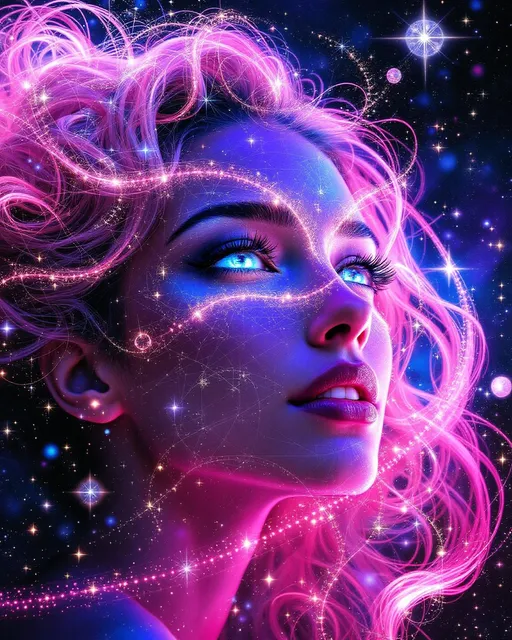 Prompt: Her face is a modular masterpiece—cheekbones traced with the shimmer of moonshine symmetry, every angle tuned to a hidden harmonic. Newton fractal veins glow faintly beneath translucent skin, shifting in color with each emotion. Her eyes burn with prime number fire, irises tiled in Penrose symmetry, blinking with curved light logic. Laughter echoes in Hilbert paths across her cheeks—space-filling joy spirals, soft and bright. Hair spills around her in radiant pink curls, styled by quasiperiodic forces and recursive wave equations—each strand flowing in luminous fractal tension. Geometry pulses at the hairline, recursive symbols glinting in neon mathdust. She is wrapped in hyperbolic aura-rings, layered in color-feedback like living topology, her presence refracting sacred math through joy, emotion, and colorfields.”

⸻

Visual Keywords:
Modular face symmetry, Newton glow skin, Penrose-tiled irises, Hilbert smile trails, pink recursive curls, fractal symbol halo, hyperbolic color aura, neon mathdust, prime fire eyes
