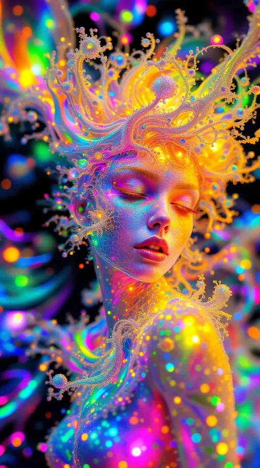 Prompt: Render a female fractal entity composed of recursive rainbow geometries, her form constantly blooming and collapsing in kaleidoscopic layers. Her body is a living Mandelbrot cascade, each limb fractally subdividing into glimmering shards of rainbow light. She is born of a holofractal disco-dimension where space curves like a spinning mirror-ball and time spirals in recursive loops, echoing to the eternal pulse of a 1970s Studio 54 beat. Her skin refracts time, glittering with every possible moment reflected infinitely across crystalline facets. The background is a hyperdimensional disco fractal, merging Euclidean and curved holographic symmetries. Clothing is recursive: iridescent patterns of hexagonal tiling resembling Menger sponges, animated by syncopated light pulses.”