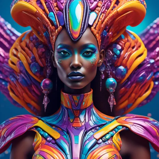 Prompt: <mymodel>High-quality 3D rendering of an extraterrestrial female, vibrant and colorful makeup, futuristic alien high fashion, ads-automotive style, alien goddess, detailed skin texture, otherworldly beauty, vibrant colors, cosmic makeup, holographic clothing, sleek design, professional lighting, sci-fi, highres, ultra-detailed, futuristic, vibrant tones, cosmic lighting