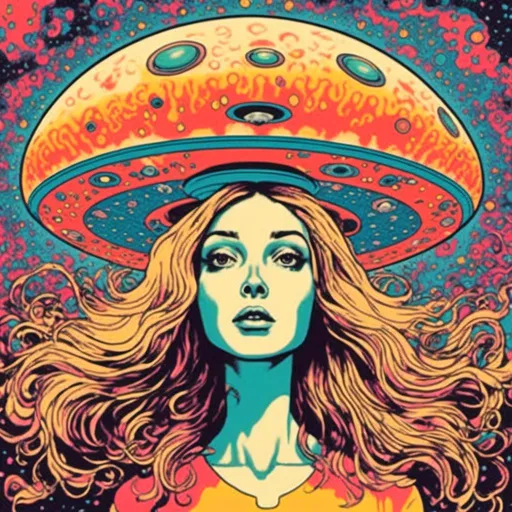 Prompt: <mymodel>Psychedelic poster art illustration of a girl with long blond curly hair getting beamed up into a flying saucer UFO, vibrant and surreal colors, trippy visual effects, detailed facial features with wide eyes and flowing hair, surreal abduction scene, high quality, vibrant colors, surreal, psychedelic, detailed facial features, poster art style, trippy visual effects, surreal abduction, vibrant and surreal colors, flowing hair, wide-eyed gaze, professional, atmospheric lighting