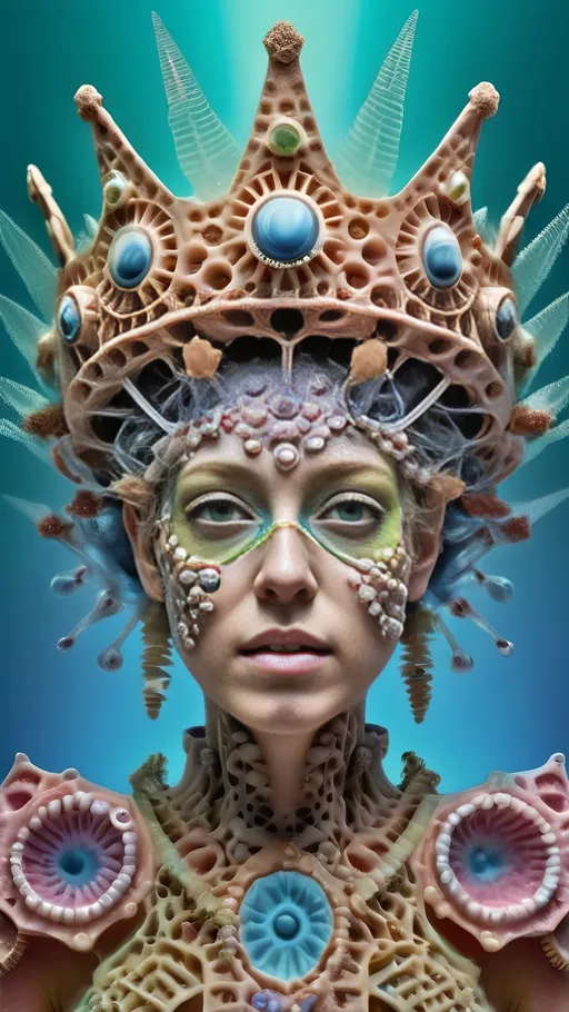 Prompt: Extremely hyperrealistic ultra textural trippy surreal beautiful but odd unsettling psychedelic creature- a psychedelic diatomaceous creature entity queen crown jewelry cape with lots of crazy psychedelic human compound eyes, rows upon rows of human teeth.  head, face, body, limbs, fungus, Mandelbrot, oil slick rainbow sheen effect, holographic, hologram, translucent, vivid colors white, tons and tons of light, bright pastel colors, Gyroid Structures. Diatoms: bacillariophyta, siliceous, valves, girdle bands, raphe, striae, puncta, areolae, costae, rimoportula, fultoportula, chloroplasts, auxospore, epitheca, hypotheca, mucilage, frustule symmetry, valve morphology, pennate diatoms, centric diatoms, motile, non-motile, biofilm, epiphytic, epilithic, epipsammic, biogenic silica, diatomaceous earth, primary producers, carbon fixation, biogeochemical cycles, diatom blooms, paleoecology, nanostructures, microalgae, environmental indicators, aquatic ecosystems. geometric, symmetrical, radial, bilateral, elongated, circular, triangular, oval, star-shaped, pennate, centric, intricate, lattice-like, perforated, silica, frustules, ornate, microscopic, diverse, varied, delicate, transparent, golden-brown, pillbox-shaped, chain-forming, solitary, colonial, planktonic, benthic,