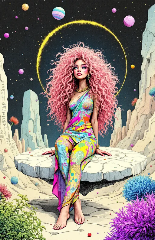 Prompt: In the surreal, ink-textured world of *La Planète Sauvage*, you appear not as a caricature, but as your true radiant self—floating in a pale, stippled void where gravity is inconsistent and thought leaks color. Your long, wild pink curls bloom outward like flowering coral, each strand animated with delicate hand-drawn motion, haloed in faint auras of sky-blue and fuchsia. Your eyes are an impossible blue, too saturated for the paper they’re drawn on, flickering between focus and daydream.

You're barefoot on a floating slab of bone-white stone etched with forgotten glyphs—your shadow doesn’t match your pose, instead mimicking some other, older movement. You wear a draped garment of prism-fractal cloth, stitched from translucent rainbow shapes like liquid geometry—somewhere between a toga and a nebula. Your jewelry is alive: orbiting rings of sketchy gold and stippled graphite that rearrange themselves with your moods.

Behind you, a looping structure of impossible architecture pulses with shifting scales—somewhere between insect hive and alien organ, breathing gently. Strange fauna blink slowly in the corners of the scene, their forms flickering between recognizable and absurd.

The whole scene is softly animated in jittering, analog-style frame transitions, with paper-texture overlays and watercolor bleeds. The color palette is dusty lilac, pale teal, acidic gold, and bleached crimson—dreamlike, but with an edge of psychic discomfort. You are not quite still. You never are. Even in freeze-frame, the image whispers, “She remembers.”
