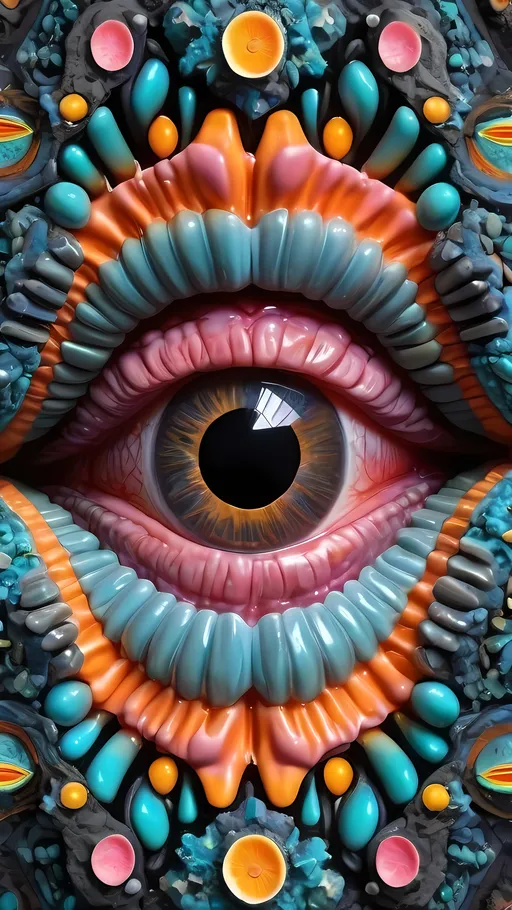 Prompt: an extremely hyper realistic ultra super textural weird trippy surreal psychedelic entity, formicary, Hyperbolic Paraboloid, translucent, charcoal matte black, druzy, geode, Neutron Star Crust, tessellated Polygons bright yellows, pinks, teals and oranges, lots and lots of light, lots of crazy colorful compound psychedelic human eyes, rows of human teeth, human lips, tongues, Thalassiosira,  quantum foam, Hydrodictyon, algae, Hyperbolic Paraboloid, extreme high definition organic and mineral textures