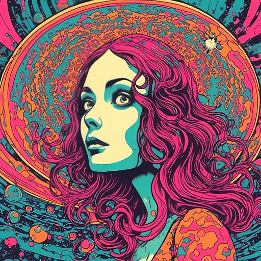 Prompt: <mymodel>Psychedelic poster art illustration of a girl getting beamed up into a flying saucer UFO, vibrant and surreal colors, trippy visual effects, detailed facial features with wide eyes and flowing hair, surreal abduction scene, high quality, vibrant colors, surreal, psychedelic, detailed facial features, poster art style, trippy visual effects, surreal abduction, vibrant and surreal colors, flowing hair, wide-eyed gaze, professional, atmospheric lighting