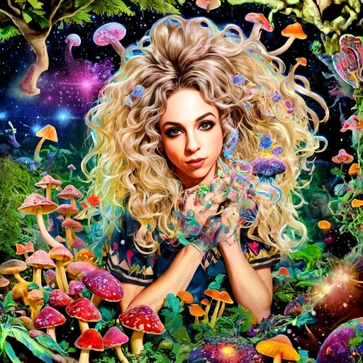 Prompt: A psychedelic trippy bright colorful vivid black light poster illustration of a girl with longish blond curly hair, with psychedelic magic mushrooms, trippy hallucinations, optical illusions and patterns, crystals, moss, forest, moon, geometry fractals