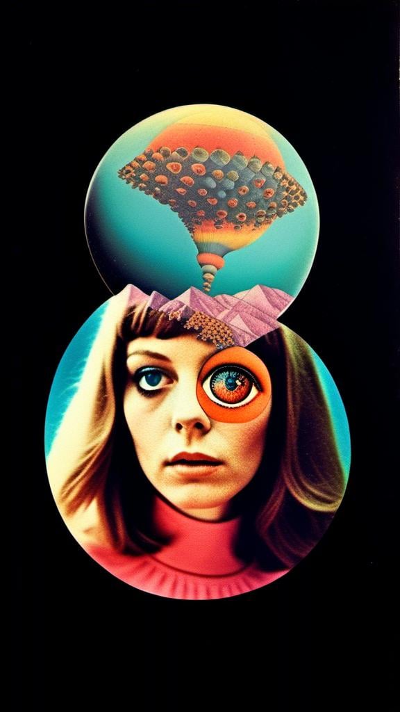 Prompt: a vintage 70s surreal psychedelic collage featuring a photograph of a young woman - it has a vintage 70s surreal science fiction art house feel to it. The photograph is cut out and edited into a collage made up of other photographs and art and feature things such as eyes, psychedelic third eyes, planets and stars, desert alien landscapes and mountains, psychedelic trippy patterns and optical illusions, psychedelic mushrooms, cats, UFOs, etc all mixed up together to create a surreal psychedelic collage effect<mymodel>