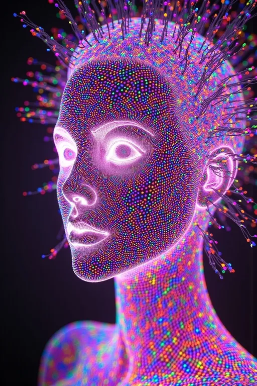 Prompt: A radiant, psychedelic face composed entirely of pure, shifting light, with a glowing third eye blazing on the forehead like a cosmic beacon. Her facial features are woven from flowing beams of color, refracted into Newton fractal patterns and swirling holographic tessellations. The skin shimmers with iridescent filigree, as if carved from liquid rainbow light. Surrounding her head, impossible Penrose staircases and Möbius loops spiral in and out of hyperbolic space, formed from glowing optical threads. The third eye emits pulsating fractal spirals of luminescence, echoing Droste loops that fold the entire light-form into itself. Rendered in ultra-vibrant spectral hues, with an aesthetic that feels like sacred geometry made of laser beams in a dream.
