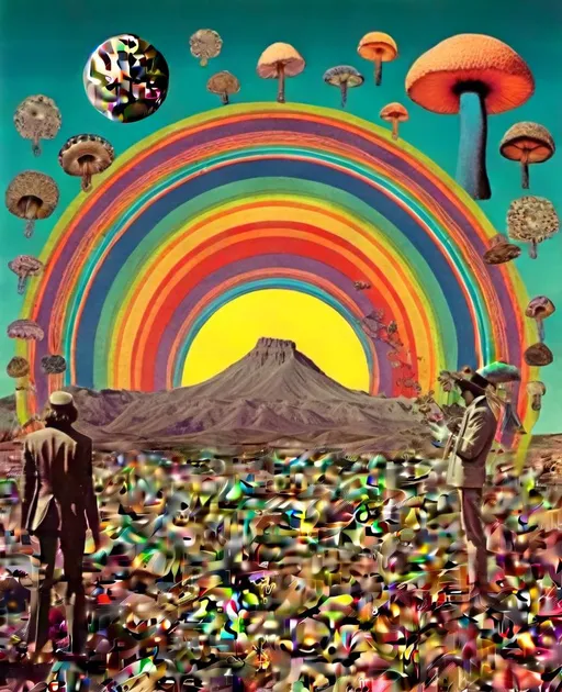 Prompt: L<mymodel> a vintage 70s psychedelic collage featuring photographs and art spliced together to produce an image that has the surreal feel of vintage 70s science fiction art but is a psychedelic college of the following elements, importance ranging from highest to lowest- trippy psychedelic patterns and optical illusion effects, mushrooms/fungus of all kinds in all colors of the rainbow, alien/desert/mountain landscapes, planets/moons/orbs, rainbow spectrums, colorful auras, cats, candy, insects, animals