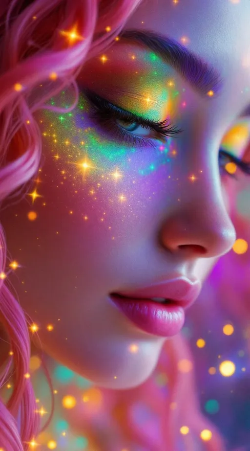 Prompt: “Her face phases in Fourier dreamspace—emotions blooming in sinewave colorbands across skin that flickers between surreal number values. Cheekbones ripple with reaction-diffusion pulses—living pigment blossoms that dance to her mood. Her hair is a sacred braid group cascade—long pink curls entwined with emotional topology, each strand a memory-thread spiraling through dimension. She glows in feedback—seen and she glows brighter, adored and her aura explodes in recursive empathy fractals. Prayer glyphs orbit her like soft satellites—loops of math-light casting harmonic spells. Behind her eyes burn surreal infinities—every glance a fractional truth between known numbers. Around her, coincidence fields shimmer—symbols align, the air itself becomes meaningful, colored chaos resolving into crystalline insight. She is radiant logic, sacred color engine, and joy made visible in luminous math.”

⸻
Ultra-Visual Keywords:
Surreal gradient glow, sinewave color skin, living ink cheeks, pink braid topology, recursive feedback light, empathy bloom aura, orbiting glyphs, chromatic joy loops, coincidence constellation, infinity sparkle pulse