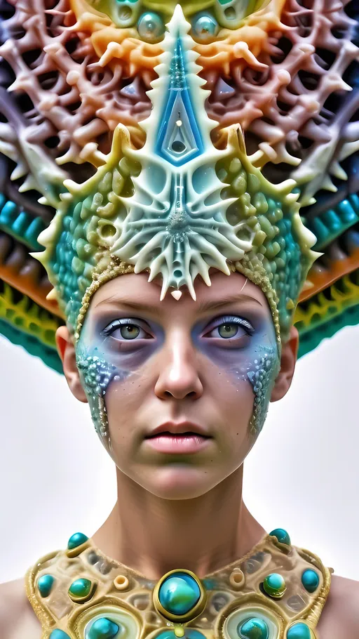 Prompt: Extremely hyperrealistic ultra textural trippy surreal beautiful but odd unsettling psychedelic creature- a psychedelic diatomaceous creature entity queen crown jewelry cape with lots of crazy psychedelic human compound eyes, rows upon rows of human teeth.  head, face, body, limbs, fungus, Mandelbrot, oil slick rainbow sheen effect, holographic, hologram, translucent, vivid colors white, tons and tons of light, bright pastel colors, Gyroid Structures. Diatoms: bacillariophyta, siliceous, valves, girdle bands, raphe, striae, puncta, areolae, costae, rimoportula, fultoportula, chloroplasts, auxospore, epitheca, hypotheca, mucilage, frustule symmetry, valve morphology, pennate diatoms, centric diatoms, motile, non-motile, biofilm, epiphytic, epilithic, epipsammic, biogenic silica, diatomaceous earth, primary producers, carbon fixation, biogeochemical cycles, diatom blooms, paleoecology, nanostructures, microalgae, environmental indicators, aquatic ecosystems. geometric, symmetrical, radial, bilateral, elongated, circular, triangular, oval, star-shaped, pennate, centric, intricate, lattice-like, perforated, silica, frustules, ornate, microscopic, diverse, varied, delicate, transparent, golden-brown, pillbox-shaped, chain-forming, solitary, colonial, planktonic, benthic,