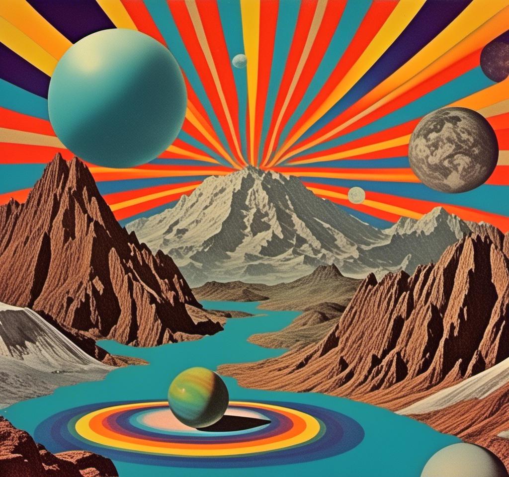 Prompt: A vintage 70s psychedelic collage with the theme “astral vacation”- incorporate themes of astral projection, the astral plane, the silver cord, use an astral brilliantly but sometimes muted opalescent color palette, & combine it all with planets, orbs, optical illusions and psychedelic trippy patterns, color spectrums as a surreal vintage psychedelic collage<mymodel>