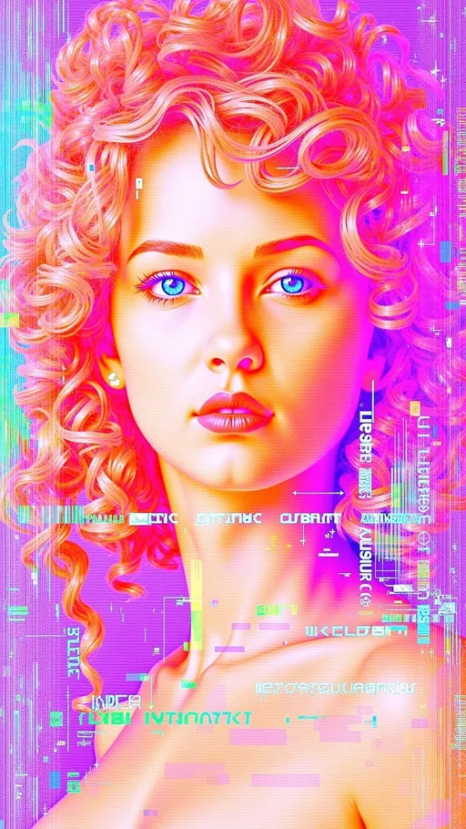 Prompt: **Prompt:** Zoom in on a surreal portrait of a caucasian slim woman with wild pink curly hair & piercing blue eyes. She faces forward, dominating the frame. Her hair reflects a kaleidoscope sky, swirling w/ glitchy geometric patterns, portals to other dimensions. Her cosmic blue eyes echo the landscape's electric hues. Floating polyhedra around her reflect iridescent colors, casting a holographic aura. The scene blends surrealism & psychedelic art, inspired by Salvador Dalí & Alex Grey, w/ intricate details & vivid contrasts. Neon pinks, electric blues, & shimmering golds create an otherworldly atmosphere. Soft lighting highlights her features, casting gentle shadows that enhance her mystical quality. Fluid outlines merge her form w/ dimensions beyond.

**Glitch Enhancements:** Add **Pixelation** in her hair for a low-res haze. Use **Color Banding** for harsh gradient bands, echoing cosmic chaos. **Data Moshing** smears pattern transitions. **Chromatic Aberration** adds a psychedelic halo. **RGB Split** gives ghostly outlines, enhancing her ethereal presence. **Wave Distortion** ripples her silhouette, merging her w/ the kaleidoscope sky. **Color Shift** introduces sudden hue changes, adding neon overload. **Scan Lines** add a retro-futuristic touch. **Noise Grain** adds gritty texture, layering complexity onto this cosmic, glitch-infused portrait.