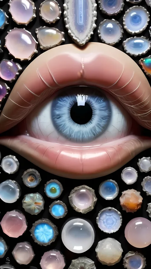 Prompt: Create an extremely hyper-realistic, ultra super textural, weird, trippy, surreal, psychedelic eyes/teeth/mouth pattern/design based on Mandelbrot & “Op Art tiling” with lots of human eyes (crazy colorful compound psychedelic), rows of human teeth, human lips, and tongues. 

- **Colors**: determined by the properties and expressions of the elements (& their isotopes), minerals, and metals: opal, moonstone, Kunzite, selenite, rose quartz, Palladium (Pd), “Fusarium verticillioides”

**Shapes and forms**
- Mandelbrot 
- "Op Art tiling" 
-other shapes determined by the natural properties and expressions of the elements (& their isotopes), minerals, metals, and biological organisms: opal, moonstone, Kunzite, selenite, rose quartz,  Palladium (Pd), “Fusarium verticillioides”


- **Textures**: Derived from any/all elements (& their isotopes), minerals, metals, crystals, organic things mentioned in this prompt: opal, moonstone, Kunzite, selenite, rose quartz, Palladium (Pd), “Fusarium verticillioides”

**Composition and Layout**:
- a pattern/design based on the Op Art tiling & Mandelbrot 

**Lighting**:
- lots of bright light
- Iridescence
- Aventurescence
- Chatoyancy
- Asterism

**Detail and Atmosphere**:
- Extreme hyperrealistic sharp high detail high definition organic and mineral textures
- Psychedelic, weird, odd, surreal atmosphere
- Frozen in time

**Additional Elements**:
- extra rows of teeth, lips, many eyes, Op Art tiling, Mandelbrot, Iridescence, Aventurescence, Chatoyancy
