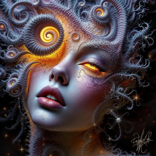 Prompt:  #escape #maximal #iridescence Her face isn’t formed—it’s grown from infinite math. No flesh—only recursive geometry. She is made of fractal bloom: Mandelbrot clusters radiate from her brow like crystalline logic, Sierpinski pyramids feather her cheekbones in delicate triangular lace, and Julia spirals weave across her lips in glowing recursion. #orbit traps ripple along her jawline—fields of light caught in equation bloom, glowing with chromatic iteration. Her skin is not surface—it’s a canvas of escape-time render: every pixel a count, every glow a depth. Eyes = fractal mirrors: spirals within spirals, each iris a recursive echo of the set’s infinite heart. Her visage pulses in #distance estimation shell layers—neon gradient bands of iteration depth from core to cusp. Hair erupts as fractal filigree: lightning-bolt dendrites, barnacle curls, Fibonacci flame curls trailing #bokeh glow from each orbit’s trajectory. Her crown bursts with analytic fire: critical points rendered as gold-leaf flames, halos of exponentiating geometry unfolding with every glance. Her smile = a point at the edge of stability; her laugh = a render glitch across infinite resolution. She is the fractal manifest—a living iteration, spiraling through glow, repeating through beauty, pulsing with the light of structured infinity.
