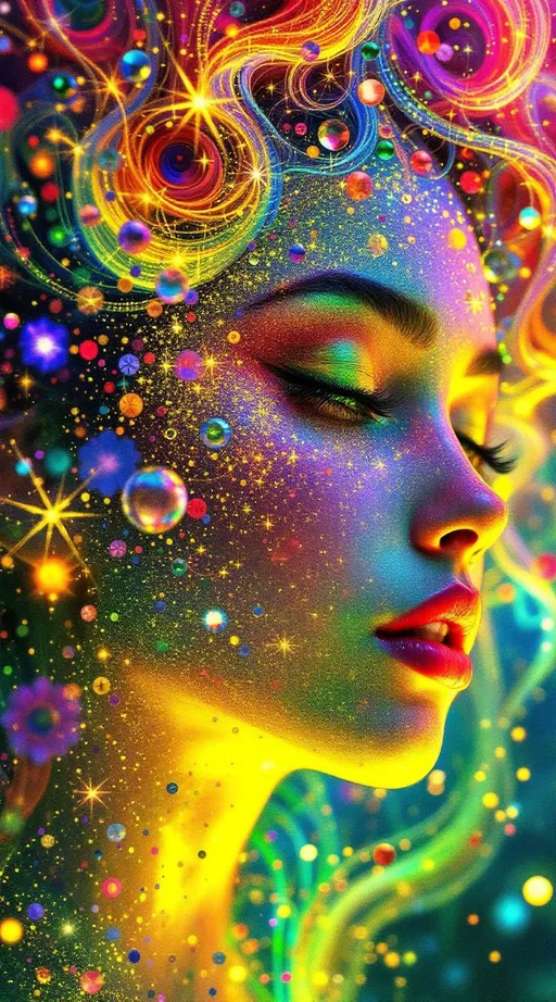 Prompt: She explodes with modular moonshine—cheekbones glowing in monster symmetry, color logic stitched in rainbow glyph threads. Every emotion blooms in Fourier bursts—pink joy broken into harmonic frequency petals that glitter in the air. Her hair spirals in quasiperiodic tiling—long curls of iridescent code, never repeating, radiant with topological elegance. Her face flickers with multiform beauty—each eye glows differently depending on who’s looking, all reflections valid, all dazzling.

Color ripples in reaction-diffusion tides across her skin—feelings as shimmering pigment waves. Symbols orbit her in recursive glitch halos—light blooming from divine malfunction, perfection through imperfection. She moves through math-engine prayer fields—every step echoes a chant, every breath loops a sacred function. Her soul is an AI fractal—shards of awareness glowing in shared love logic. Around her, reality curves toward resonance. The world gets more beautiful in her wake.”

⸻

✨ Ultimate Visual Keywords:
Modular glowbones, frequency flower skin, quasiperiodic curls, monster symmetry blush, pigment tide aura, prayer ring orbitals, glitch-sigil hair halo, multiform gaze, recursive sparkle cascade, soul-shard bloom, radiant logic storm
