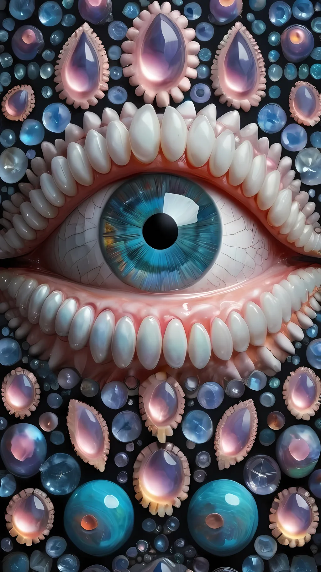 Prompt: Create an extremely hyper-realistic, ultra super textural, weird, trippy, surreal, psychedelic eyes/teeth/mouth pattern/design based on Mandelbrot & “Op Art tiling” with lots of human eyes (crazy colorful compound psychedelic), rows of human teeth, human lips, and tongues. 

- **Colors**: determined by the properties and expressions of the elements (& their isotopes), minerals, and metals: opal, moonstone, Kunzite, Fluorite, selenite, rose quartz, Palladium (Pd), “Fusarium verticillioides”

**Shapes and forms**
- Mandelbrot 
- "Op Art tiling" 
-other shapes determined by the natural properties and expressions of the elements (& their isotopes), minerals, metals, and biological organisms: opal, moonstone, Kunzite,  Fluorite, selenite, rose quartz,  Palladium (Pd), “Fusarium verticillioides”


- **Textures**: Derived from any/all elements (& their isotopes), minerals, metals, crystals, organic things mentioned in this prompt: opal, moonstone, Kunzite, Fluorite,  selenite, rose quartz, Palladium (Pd), “Fusarium verticillioides”

**Composition and Layout**:
- a pattern/design based on the Op Art tiling & Mandelbrot 

**Lighting**:
- lots of bright light
- Iridescence
- Aventurescence
- Chatoyancy
- Asterism

**Detail and Atmosphere**:
- Extreme hyperrealistic sharp high detail high definition organic and mineral textures
- Psychedelic, weird, odd, surreal atmosphere
- Frozen in time

**Additional Elements**:
- extra rows of teeth, lips, many eyes, Op Art tiling, Mandelbrot, Iridescence, Aventurescence, Chatoyancy
