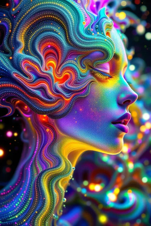 Prompt: FINALIZED FRACTAL PROMPT: DISCO TRASH QUEEN — MATHBORN IN THE INFINITE DISCO SPHERE

Codex Domains Intensified:
	•	C1: Recursive Genesis as Ontology
	•	V10: Polychromatic Fractal Emission Fields
	•	T5: Mirrorball Causality Fracture
	•	S7: Feedback Spectacle Topology

⸻

“Create a female fractal entity—the DISCO TRASH QUEEN—entirely emergent from pure mathematical recursion, born inside a recursive disco-ball dimension where space and time are fragmented into self-similar light structures. Her body is formed from living Mandelbrot blooms wrapped around spinning axes of rotation, limbs extending in bifurcating light structures, and skin shimmering with infinitely nested Julia set ripples in iridescent color fields. Her presence warps time like a Lorenz attractor, pulsing to a cosmic disco beat. Her face gleams with Perlin-noise contours overlaid with rainbow Voronoi fragmentation, while her hair coils into fractal spirals formed of 3D parametric curls in golden-ratio syncopation. She struts across a mirrored infinity floor—an environment built from recursive Klein bottle topologies tessellated in disco-faceted Menger sponges. Every surface reflects every other, creating a multiversal echo chamber of fractal light, noise, and trash-glam divinity. The air glitters with light particles from infinite recursive reflections, and her every motion spawns new layers of spectral self-similarity.”
