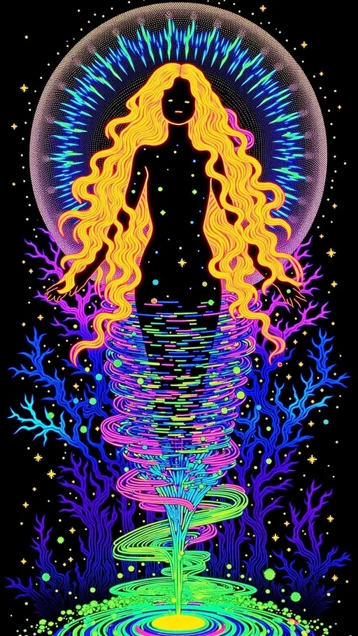 Prompt: The design centers on a radiant woman with long blond curly hair, her strands flowing outward like golden threads of vibrating energy, merging seamlessly with the abstract elements around her. Surrounding her is a symphony of visualized vibrations: cymatic patterns ripple across the background in intricate, snowflake-like forms, glowing with soft hues of silver, teal, and lavender. From her figure, concentric waveforms radiate outward, echoing ripple patterns on water, their motion captured in fluid strokes of blue and green. Her hair transforms into spiraling waves of light, intertwining with auroral streaks of pink, purple, and gold that arc across the composition, symbolizing the dynamic flow of cosmic energy. Beneath her feet, Chladni plate patterns form a grounding foundation, their symmetrical geometry amplifying the sense of resonance and harmony. Circular vibrations pulse around her, creating a luminous halo effect, while harmonics ripple through the scene in layered overlays of light and motion. The design weaves together the organic and the ethereal, celebrating the beauty of vibration as an ever-present force, with the woman embodying the connection between humanity and the energetic rhythms of the universe.