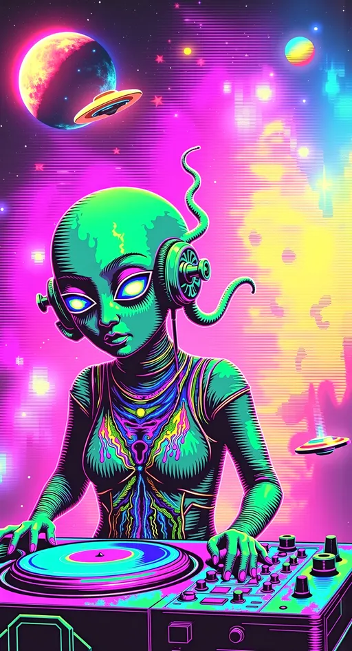 Prompt: **Glitchy Cosmic DJ Diva - AI Art Prompt**

Create an artwork featuring our iconic green-skinned alien babe as the ultimate DJ at a cosmic rave. She's working the turntables with finesse, her bald conical head adorned with a sleek, futuristic headset that pulses with neon lights in sync with the beats.

Dress her in futuristic, glowy rave attire that's both stylish and PG-13, featuring bold patterns and luminescent accents that shimmer with every movement. Her outfit should reflect the vibrant energy of the rave, with colors that pop and glow against the cosmic backdrop.

Surrounding her are a crowd of aliens grooving and raving to the cosmic tunes. These green-skinned partygoers are immersed in the rhythm, their bodies shimmering with astral light and cosmic sweat as they dance under the vast expanse of the astral plane.

The scene is alive with vibrant astral light that flickers and glows in time with the music, casting colorful reflections across the dance floor. Planets, stars, and asteroids form the backdrop, adding depth and a sense of infinite space to the rave.

Introduce a super glitchy aesthetic to the entire composition, with digital distortions and pixelated effects that add a layer of futuristic intrigue. The glitch elements should enhance the dynamic and energetic atmosphere, making the scene feel like a digital dreamscape.

A prominent UFO hovers nearby, its sleek design and luminescent glow adding an extra layer of sci-fi intrigue to the scene. The UFO's lights pulse in harmony with the music, enhancing the otherworldly atmosphere.

Balance hyperrealistic textures with an illustrative, artistic style, capturing the energy and excitement of this cosmic rave. Let the fine details and vibrant colors transport viewers into a realm where music and the extraterrestrial collide, in a celebration of cosmic joy and exploration. 🎧👽🌌

Let this prompt inspire a piece that's as dynamic and visually captivating as it is uniquely yours!