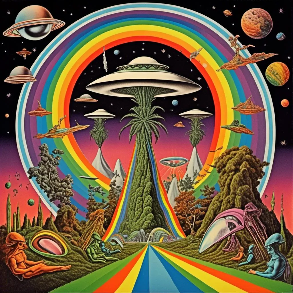 Prompt: A surreal vintage 70s psychedelic sci-fi collage involving- aliens, UFOs, cannabis, marijuana, aliens smoking reefer, aliens smoking weed out of a bong, spliced in with alien surreal landscapes, geometric shapes, optical illusions or trippy psychedelic patterns, planets and starts, rainbow spectrums<mymodel>