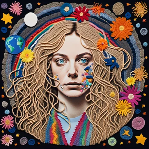 Prompt: <mymodel>Mixed media collage of a beautiful woman with long blond curly hair and blue eyes and her rainbow astral body sewn to each other with real thread, real thread stitching, planets and stars, outer space, wildflowers and fungus, surreal concept, textured, high quality, mixed media, collage, surreal, organic elements, detailed stitching, wildflowers, fungus, textured, vibrant colors, natural lighting