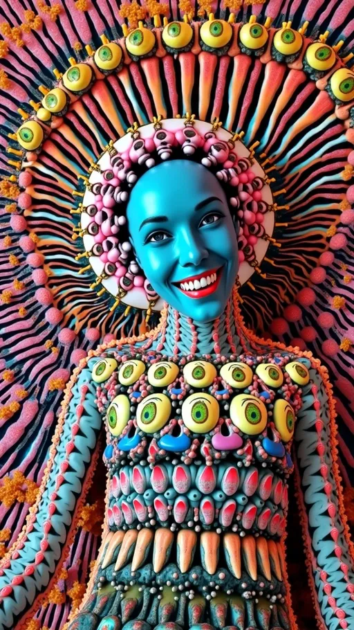 Prompt: an extremely hyper realistic ultra super textural weird trippy surreal psychedelic entity, white, translucent, clear, bright bright pastel colors, oil slick rainbow sheen effect, lots and lots of light, lots of crazy colorful compound psychedelic human eyes, rows of human teeth, fungus, atoms, diatoms,
