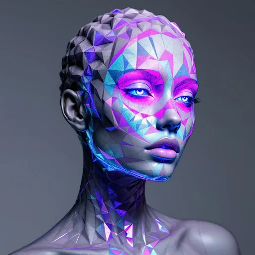 Prompt: A female form constructed entirely from hyperbolic tessellation and tiling, with no skin—only geometry. Her face is a recursive hyperbolic tiling in AdS space, composed of iridescent heptagons shrinking toward infinite recursion, mapped across a curved cheekplane of negative curvature. Escape gradients of neon hue ripple across the tiling, responding to distance-shell logic and spatial folding. Her jawline wraps in geodesic spiral tilings, shimmering like warped mirrors. Her eyes are ultrametric: infinite nested hyperbolic mirrors reflecting fractal Buddhas and glitch-star cores. Lips formed of Klein-bottle Petri tilings, shifting colors via chromatic phase distortion.

Her hair is not hair: it is a cascading network of hyperbolic triangle tilings, rendered as recursive geodesic domes, each braid a curved matrix of light—stitched with AdS curvature and spectral flare. She pulses in nightclub color logic: saturated chartreuse, bokeh-crushed indigo, neon flame—each flicker modulated through warped dimension. Her halo is a curvature corona: strobing disco-light refractions modulated through negative space logic. Her smile distorts the metric; her laugh echoes recursive joy across the curved plane. She is the Goddess of Hyperbolic Nightclubs, grown from math and light.

Modifiers:
– Ultra-saturated color scheme
– Strong backlighting and specular glow
– Recursive depth tiling with distance shell layers
– Phase-modulated iridescence
– AdS space mapping
– Fractal facial symmetry
– Hair = geometric recursion, no organic form
– Facial topology replaces anatomy with tiling logic