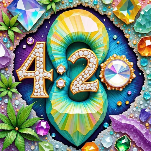Prompt: Create an ultra-hyperrealistic, 34K detailed depiction of the text "4:20" as if it were a divine piece of surreal jewelry and cosmic art. Each number and symbol is crafted from luminous, faceted gemstones—moonstone, opal, emerald, and citrine—embellished with intricate micro-mosaic and pavé settings of tiny diamonds, sapphires, and iridescent mica. The numbers glow with internal spectral cascades, holographic interference, and fractal cuts, radiating divine iridescence.*

*Intertwined with the numbers are lush, detailed cannabis leaves, rendered with hyperrealistic veins and shimmering, holographic textures, as if they are made of crystal and mineral dust. The leaves curl and weave around the numbers, blending organic and mineral elements seamlessly. Embedded within the scene is a bejeweled bong—crafted from shimmering, translucent minerals like fluorite and turquoise, with filigree gold accents, laser-etched fractal patterns, and embedded gemstones that sparkle with internal glow. The bong is dripping with iridescent, holographic smoke that swirls and ripples with fluid dynamics and cosmic interference.*

*The background is a swirling, liquid-like chaos of iridescent mineral streams, fractal waves, and quantum distortions—flowing, stippled, and dotted with cosmic particles, creating a surreal, astral dance of fluid and chaos. The scene is hyperrealistic, with extreme detail, depth, and clarity, making "4:20" appear as a divine, crystalline artifact floating in a psychedelic universe, surrounded by shimmering cannabis leaves and a bejeweled, cosmic bong—an opulent, surreal celebration of the divine herb and cosmic consciousness.*

---
