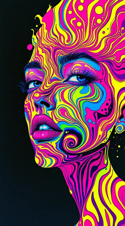 Prompt: A woman’s face hovers in blank dimensional stillness, drawn with trembling black ink lines and painted in acid-bright gouache hues. Rendered in the surreal, analog aesthetic of La Planète Sauvage, she is not real but ritual—her expression shaped by massive, distorted Turing patterns that spiral, fork, and bloom across her skin like psychedelic camouflage from some intelligent jungle of chemical physics. These reaction-diffusion forms are grotesquely oversized: striped like radioactive zebras, spotted like neon leopards, smeared and warped across her brow, cheeks, and chin with ceremonial boldness. Each line curls unnaturally around her facial structure—forking across the nose bridge, coiling tight around the eyes, blooming from cheekbones like freeze-frame chemical shockwaves.

Her skin glows with electric saturation—blazing lemon, toxic magenta, caustic lime, UV orange, and venom-indigo. No blending, no softness—just flat, radiant color planes applied with painterly stubbornness. Every surface pops like printed acid. Her cheeks flicker with moiré shimmer and chromatic twitch; her jawline hums with optical interference patterns. The whole face vibrates with sacred discomfort.

Her hair erupts in reaction-diffusion filaments—tangled dendrites of illustrated plasma, each strand a curl of iridescent pseudoscience. Forked wavefronts radiate outward, drawn in jagged fluorescent ink: slime yellow, battery acid teal, fuchsia blaze, scorching cyan. The curls bend like equations, branching like luminous circuitry, flickering with internal math.

Behind her, a pale paper void—a ritual space of flatness and impossibility. No light source. No realism. Only hand-painted emergence. She is not a woman, but a sacred pattern loop given face: glowing, algorithmic, and too bright to look at directly. A chemical goddess drawn by an alien hand.