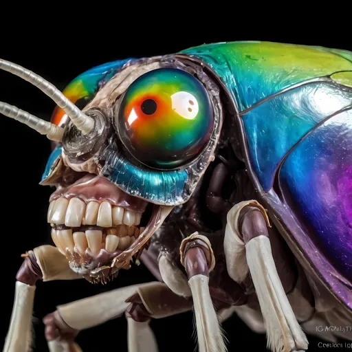 Prompt: Extremely hyperrealistic oil slick rainbow sheen, surreal weird trippy ultra textural psychedelic hallucination entity creature, biological, mechanical, lots of super trippy weird psychedelic eyes, human teeth, exposed brain, nerves, glass, leather, metallic, opal, light translucent white bright pastels, head, thorax, abdomen, antennae, compound eyes, ocelli, mandibles, maxillae, labium, labrum, hypopharynx, clypeus, frons, vertex, gena, occiput, pronotum, mesonotum, metanotum, prothorax, mesothorax, metathorax, legs, coxa, trochanter, femur, tibia, tarsus, pretarsus, wings, forewings, hindwings, halteres, spiracles, tracheae, tympanum, cerci, ovipositor, aedeagus, exoskeleton, moth, scales, leather, skin