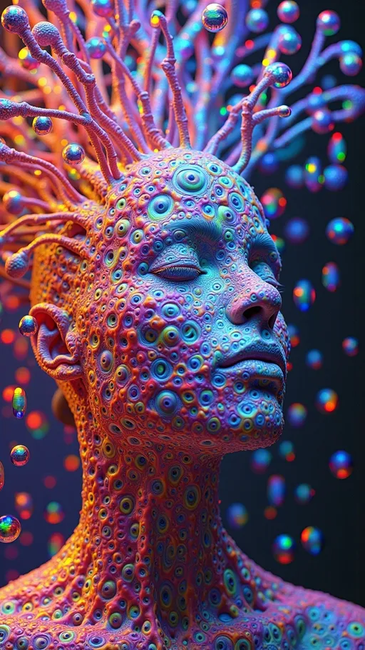 Prompt: Hyper-saturated surreal portrait of MERRY, glowing with rainbow hologram hair that erupts outward in radiant filaments of neon aurora, each strand refracting into impossible spectra. She is suspended inside a vast unfolding tesseract rendered as crystalline glass architecture, its 4D geometry collapsing into nested cubes that rotate, bend, and stretch through her body. Each cube-face is a translucent holographic membrane, rippling with interference rainbows and refractive gradients, warping space into infinite recursive reflections. Her form multiplies fractally across the tesseract’s facets, each shard of her body shimmering like stained-glass probability waves. Around her, gravity folds inward—floors become walls become ceilings—non-Euclidean corridors spiraling into luminous vanishing points. The entire environment pulses with maximalist saturation: molten pinks, searing teals, violent purples, rainbow flares dripping like liquid fire. Medium: maximalist psychedelic surrealism, higher-dimensional math holography, neon rainbow op-art. Lighting: hyper-prismatic, iridescent, infinitely recursive.”