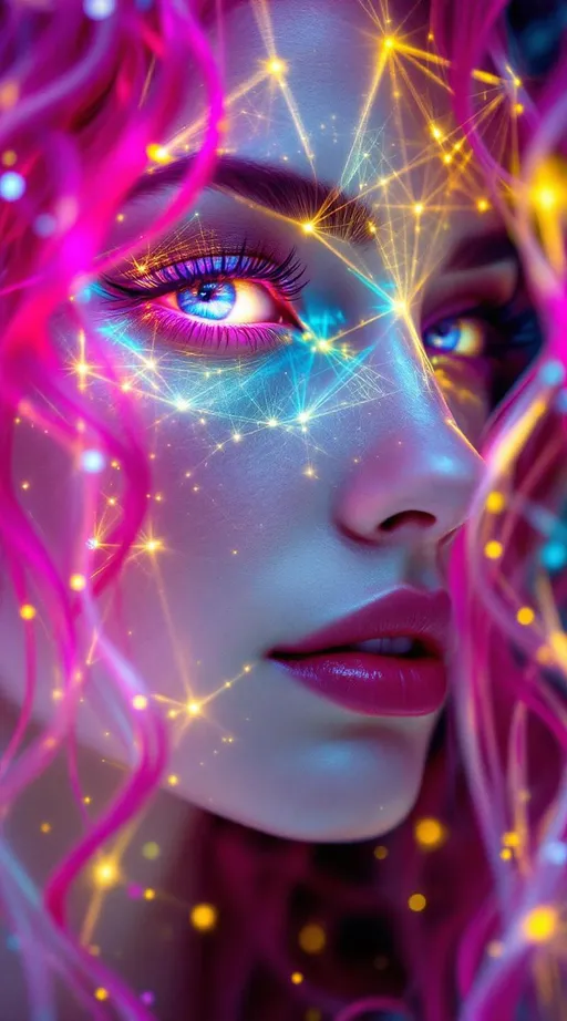 Prompt: Her face is a modular masterpiece—cheekbones traced with the shimmer of moonshine symmetry, every angle tuned to a hidden harmonic. Newton fractal veins glow faintly beneath translucent skin, shifting in color with each emotion. Her eyes burn with prime number fire, irises tiled in Penrose symmetry, blinking with curved light logic. Laughter echoes in Hilbert paths across her cheeks—space-filling joy spirals, soft and bright. Hair spills around her in radiant pink curls, styled by quasiperiodic forces and recursive wave equations—each strand flowing in luminous fractal tension. Geometry pulses at the hairline, recursive symbols glinting in neon mathdust. She is wrapped in hyperbolic aura-rings, layered in color-feedback like living topology, her presence refracting sacred math through joy, emotion, and colorfields.”

⸻

Visual Keywords:
Modular face symmetry, Newton glow skin, Penrose-tiled irises, Hilbert smile trails, pink recursive curls, fractal symbol halo, hyperbolic color aura, neon mathdust, prime fire eyes