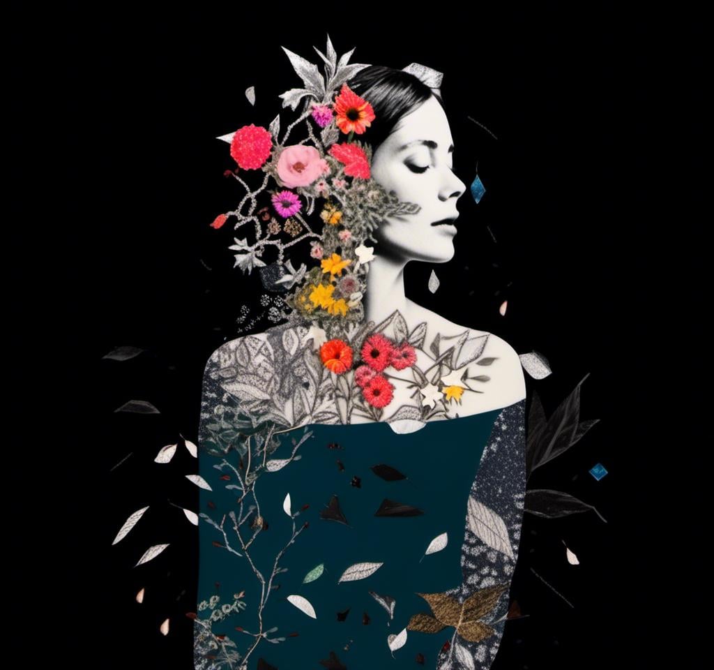 Prompt: a mixed media collage of a black and white photograph of a woman exploding with vines and leaves and flowers (mixed media in nature- paint, enamel, glitter, metallic foils and finishes, splatter, rhinestones, sequin, string, cut paper and magazine pages and more) <mymodel>seem to be blooming out of her body