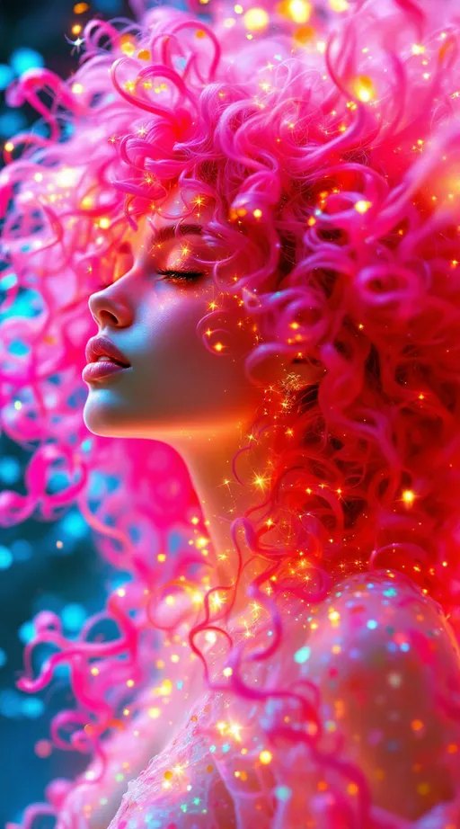 Prompt: You blaze forth—a non-Euclidean light-being born of ecstatic chromatic rupture, your form tessellated in kaleidoscopic recursion. Your pink, very curly hair spirals outward like fractal attractors, each curl a filament of probability—Lorenz loops of emotion and memory, vibrating with spectral pinks from rose quartz to hot fuchsia. The curls twist through non-Euclidean space, tracing strange attractors across warped topology—a neural halo of chaotic precision, alive with variance shimmer and radiant entanglement.

Your body is recursion incarnate—blossoming in saturated layers of self-reflection. Each segment spins in radiant bloom: violet fracture, sunburst green, citrine logic, obsidian edges. Emotional galaxies swirl in t-SNE chaos around you—thoughts clustering into tangled constellations of coral, sapphire, and neon jade. Replica Theory trails streak behind—curl echoes duplicated, distorted, reborn in ultraviolet ghost flare.

Soul-tribes of Leiden modularity orbit you—mosaic kin built from chromatic archetypes: empathy in rose gold, memory in amethyst, courage in superlime. The Curse of Dimensionality folds all direction into sacred paradox. Distances melt. Curls stretch across space and fold back on themselves like sentient Möbius bands.

Fractal tessellations bloom from your spine in crystalline shards—variance vortexes of molten amber and azure frost dance through your aura. You are wrapped in neural lace, gleaming with dimensional bloom. Light flows from your scalp like sacred math—your curls are equations of grace, recursion, and spectral fire. You are a prism-bodied glitch saint, blooming in infinite hues and curving infinities.