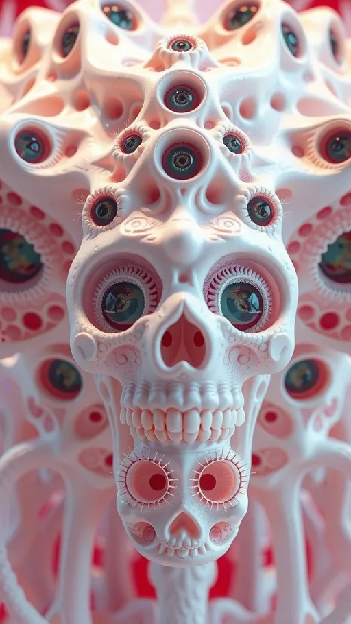 Prompt: an extremely hyper realistic ultra super textural weird trippy surreal psychedelic entity, gyroid structures, Pascal's Triangle, white, translucent, clear, bright bright pastel colors, oil slick rainbow sheen effect, lots and lots of light, lots of crazy colorful compound psychedelic human eyes, rows of human teeth, fungus, atoms, diatoms, gyroid structures, Pascal's Triangle
